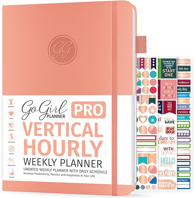 GoGirl Planner PRO Schedule - Undated Planner with Hourly Time Slots, Monthly, Weekly & Daily Organizer, Appointment Book for time Management, 7"x10" Hardcover, Lasts 1 Year - Peach Pink