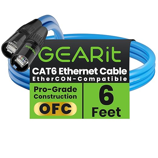 GEARit Shielded CAT6 Ethercon Cable (6 Feet) Professional Audio & Lighting RJ45 EtherCON-Compatible Cable for Studio, Stage, Concerts - 6ft Blue