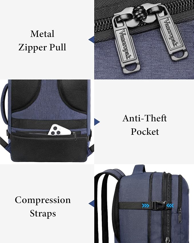 Vancropak Carry on Backpack, 47L Expandable Extra Large Travel Backpack with 3 Packing Cubes, Flight Approved Water Resistant Luggage Suitcase Weekend Duffle Bag Overnight Daypack for Men Women, Blue