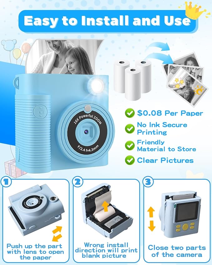 Instant Print Camera for Kids, 1080P HD Kids Digital Cameras Instant Print Photos with 32GB SD Card, Christmas Birthday Gifts for 3 4 5 6 7 8 9 10 11 12 Year Old Girls Boys