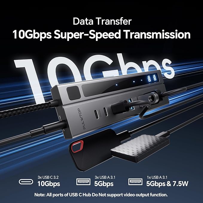 Powered USB C Hub, PULWTOP 9-in-1 USB Hub Support 10Gbps Data&PD 45W Max Charging, USB HUB Adapter for MacBook, iMac, iPad, Phone, and Other Laptops (Not Support Video and Power Adapter Not Included)