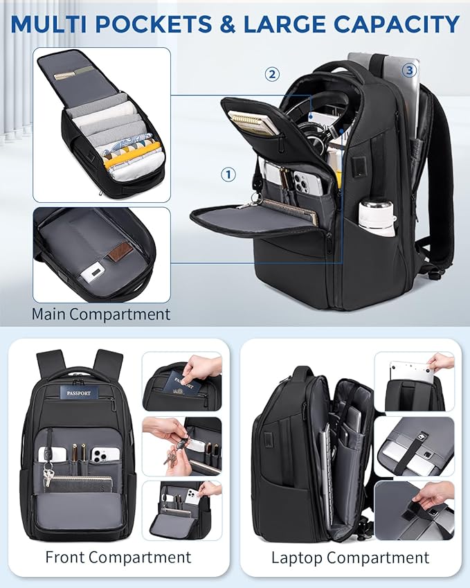 17 Inch Travel Laptop Backpack, Water Resistant Expandable Men's Computer Backpack for Men, Black Laptop Bag with USB Port for Business/Work/College