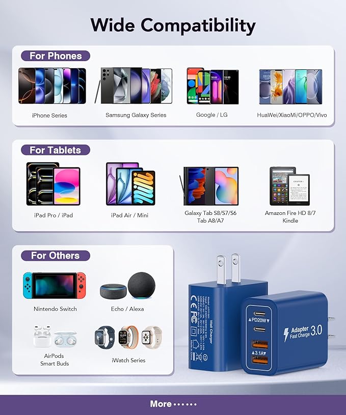 40W USB C Charger Block, 2-Pack 4-Port Type C Fast Charging Brick Dual PD&QC Wall Plug Adapter Power Brick for iPhone 13/14/15/16/17/Pro/Pro Max/Plus/iPad/Airpods/iwatch/Samsung Galaxy (Blue)