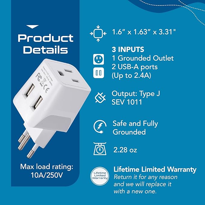 Ceptics Switzerland Travel Adapter Plug with Dual USB + Usa Input - Type J - Ultra Compact - Safe Grounded for Laptops, Cell Phones, Chargers, Camera and More (CTU-11A )