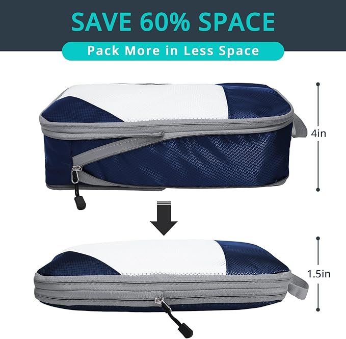 7 Set Compression Packing Cubes for Travel - Compressible, Lightweight, and Space-Saving Packing Cubes, Travel Essentials for Women, Navy