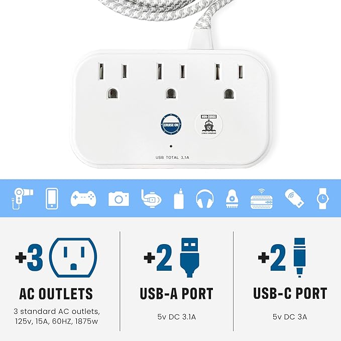 Cruise Approved Power Strip Non Surge Protector with 3.3 ft Travel Extension Cord and USB Ports [2 USB, 2 USB-C, 3 AC] Cruise Ship Essentials for Carnival, Princess, & Major Cruise Lines 2025 & 2026
