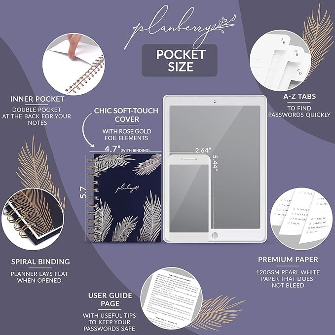 PLANBERRY Password Book Premium – Small Internet Address Organizer with A-Z Tabs – Pocket Website Password Keeper with Alphabetical Tabs – 4.7x5.7″, Hardcover (Royal Blue)