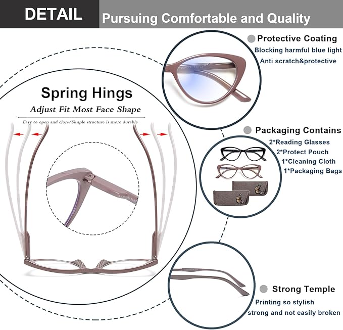 EYEURL Cat Eye Reading Glasses for Women - 2 Pack Blue Light Blocking Computer Readers 1.50 Spring Hinge Anti Glare/UV Ray Eyeglasses