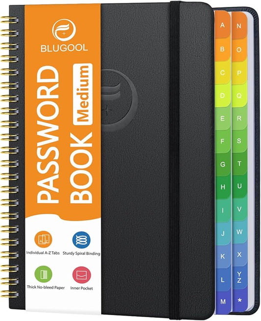 Password Book with Alphabetical Tabs, Password Keeper Book for Seniors, Individual & Colorful Tabs, Spiral Hardcover Password Notebook for Website Logins, 5.7" x 7.7", Black