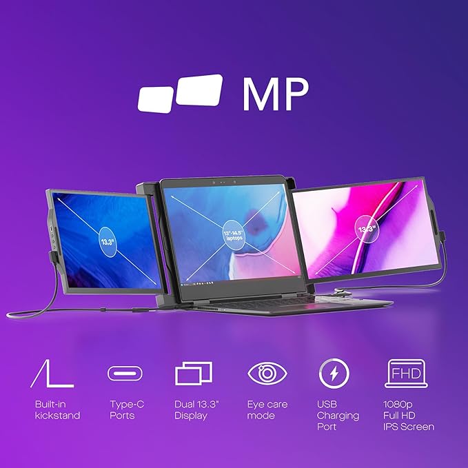 New Mobile Pixels Trio Portable Monitor, 13.3" Triple Monitors for 13''-14.5'' Laptops (Built-in Kickstand), USB A/Type-C FHD IPS Laptop Screen Monitor(Optional Magnets), Windows/Android/macOS/Switch