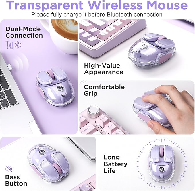 Q9 Chargeable Portable Silent 2.4GHz/Bluetooth Dual Mode Wireless Mouse, 4 Adjustable DPI,4800 DPI Optical Tracking Mouse with RGB Lighting, Compatible Win/Mac/Android/iOS(Purple)