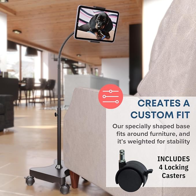 LEVO Adjustable Height Floor Stand on Wheels - Black with Casters - Tablet & Phone Holder with Gooseneck Mount, Stable Base - Compatible with All Cell Phones & Tablets (4-13 inch)