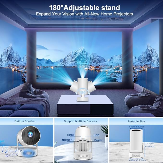 Mini Projector with Wifi and Bluetooth 5.4, Short Throw Projector 4K, Smart Projector w Built-in Apps, Auto Keystone Correction, Projector for Bedroom,Outdoor Movies [ HY300 Ultra 2025 ]