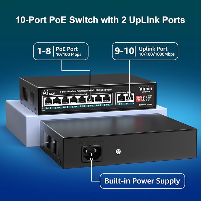 8 Port PoE Switch 100Mbps with 2 Gigabit Uplink, VIMIN 10-Port Unmanaged 10/100Mbps Fast Ethernet PoE Switch with 2 Ethernet Uplink, VLAN, Support IEEE802.3af/at
