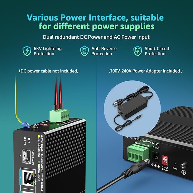 YuanLey 6 Port Industrial Switch with 4 Port PoE Gigabit, 1 1000Mbps Uplink, 1 SFP Port, Unmanaged Din-Rail PoE Switch with 66.25W Power Adapter, Support IEEE802.3af/at, VLAN & Loop