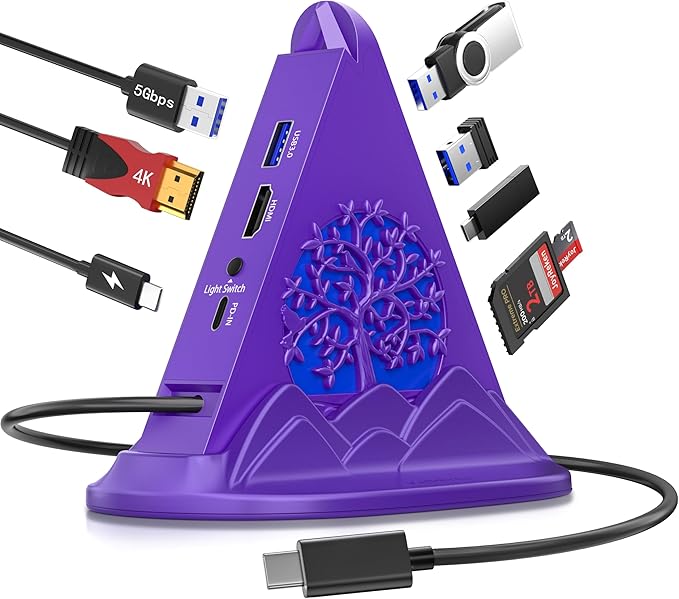 USB C Hub, 8-in-1 USB Hub with 4K@30Hz HDMI, 100W PD, 5Gbps USB-Ax3 & USB-Cx1, SD/TF Card Reader. RGB Gaming Hub, Dark Purple Desk Accessory for Women, Compatible with MacBook, XPS, Surface, etc.