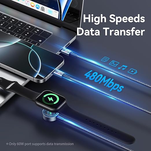 72W Super Fast Charging 3-in-1 Multi Charging Cable, Dual USB-C Ports for iWatch Ultra/SE/10-1/iPhone 17/16/15 Pro, Multi Charger for Apple Watch, Galaxy Phone Travel Essentials