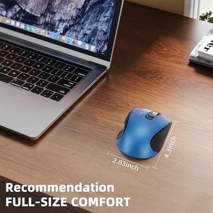 Wireless Mouse with Bluetooth, USB A, USB C Receiver, Rechargeable, Full Size Mouse, Ergonomic, Silent, for MacBook/Laptop/Computer/PC/iPad-Blue