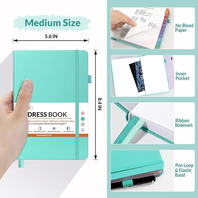 SUNEE Address Book with Colorful Alphabetical Tabs, Address Notebook Organizer for Record Contacts, 5.3'' x 7.7''- Aquamarine