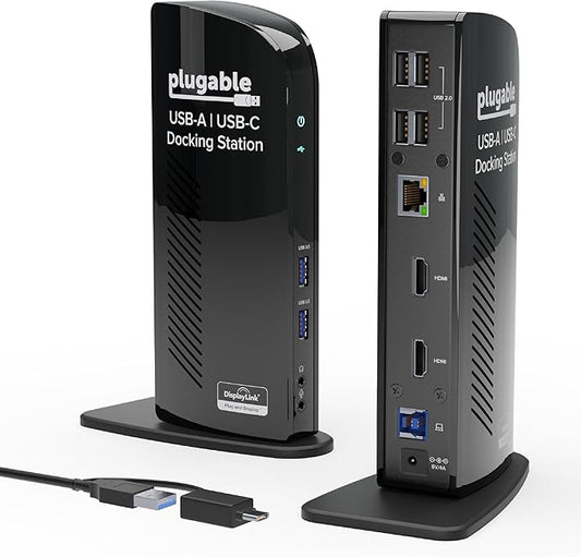 Plugable Universal Laptop Docking Station Dual HDMI Monitor for Windows and Mac (Driver Required), USB 3.0 or USB-C, 2X HDMI, Gigabit Ethernet, Audio, 6 USB Ports (UD-3900)