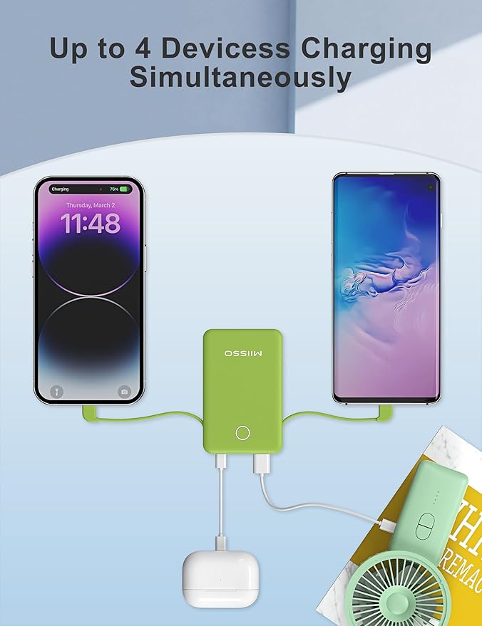 6000mah Ultra Slim Built in Cables Power Bank, Card Size Built in USB C Cords Battery Pack Portable Charger for Phones, 3 Output External Battery Pack Compatible with iPhone, Samsung, Google, Green