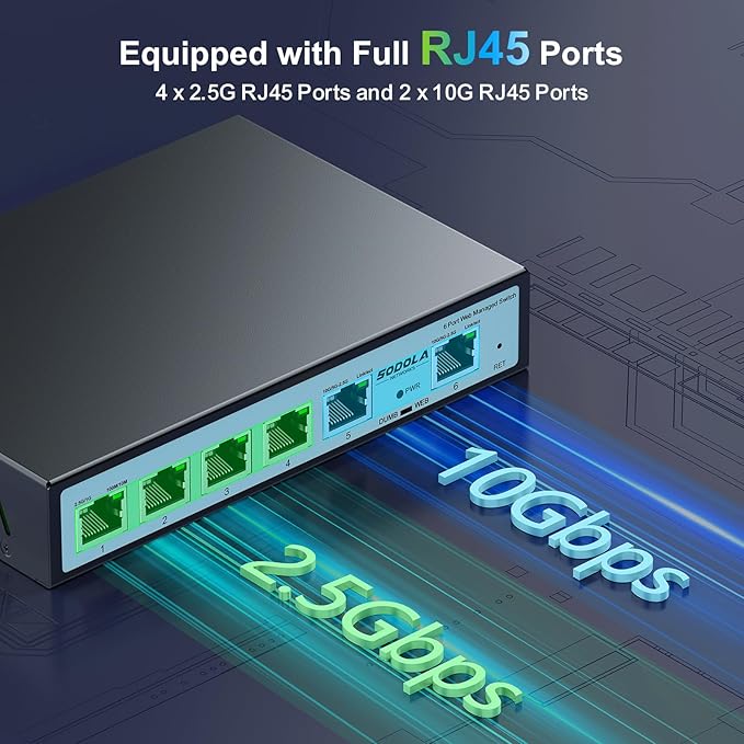 2.5Gb Easy Web Managed Switch, 2x10GBase-T Ports and 4x2.5GBase-T Ports, Full RJ45 Managed Ethernet Switch with Link Aggregation,VLAN,IGMP, 2.5G 10G Network Home-lab Switch