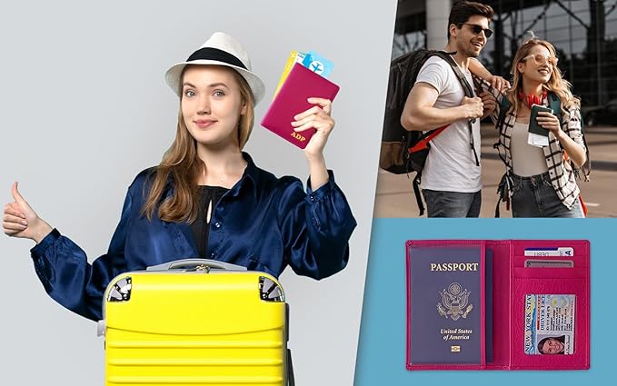 Personalized Monogrammed Bright Pink Leather RFID Passport Wallet and 2 Luggage Tags