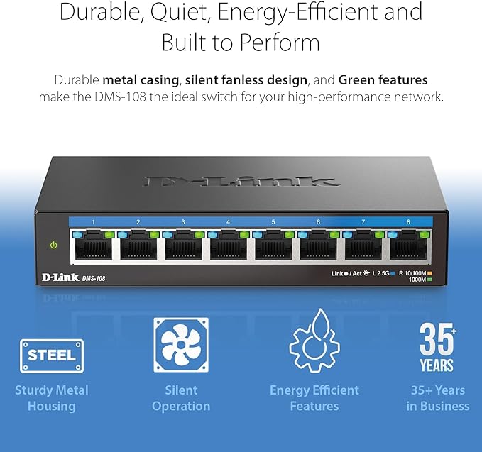 D-Link 8-Port 2.5GB Unmanaged Gaming Switch with 8 x 2.5G - Multi-Gig, Network, Fanless, Plug & Play (DMS-108),Black