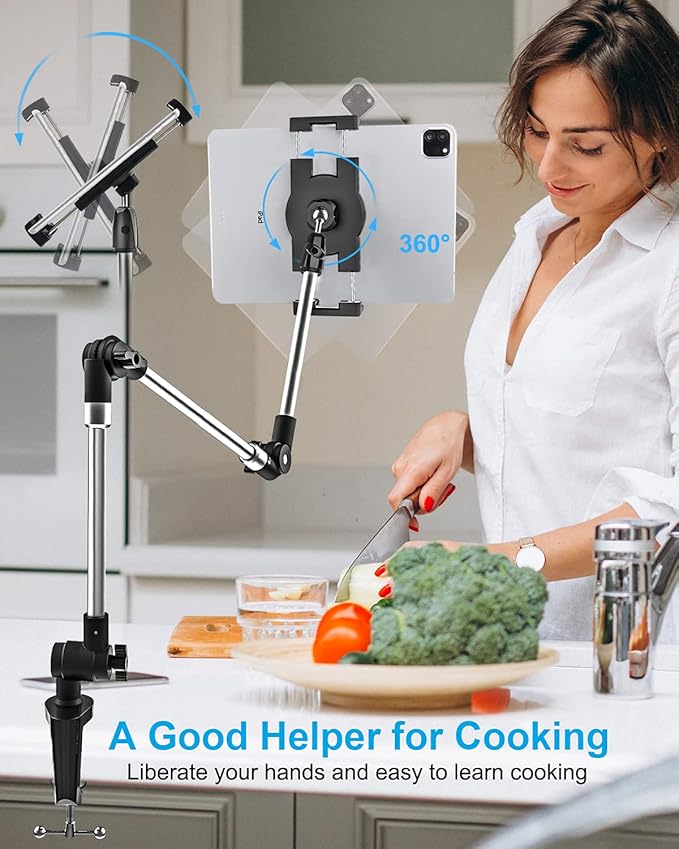 Aluminum Tablet Mount Holder for for 4.7-13" Phone & iPad - Flexible Bed/Desk Clamp Tablet Stand with 360° Rotation, Compatible iPad Pro/Air/Mini, Galaxy Tab, iPhone, Tablets