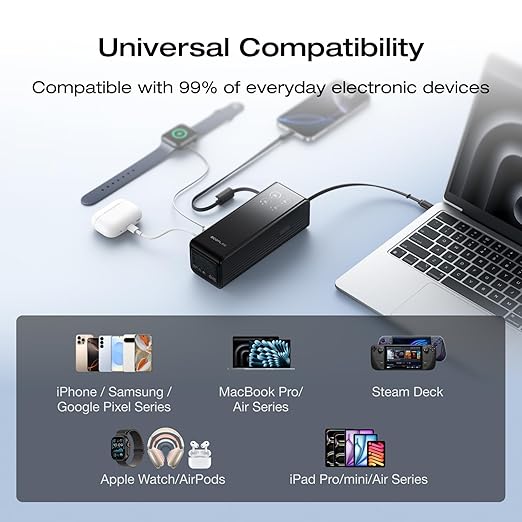 EF ECOFLOW Rapid Power Bank, 25,000mAh, 100W Built-in and Retractable Cables, 170W Portable Charger with Triple 100W USB-C Port, Compatible with iPhone 17/16/15/14, Samsung, Laptop and More, Black