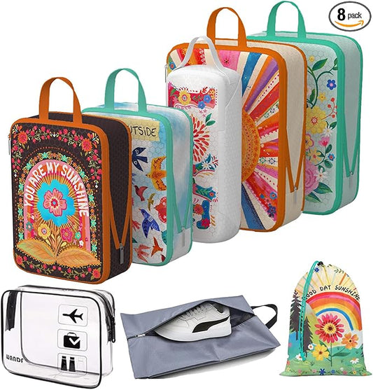 Compression Packing Cubes for Travel, 8 Set Natural Life Luggage Organizers, Waterproof Expandable/Compression Bags Bohemia Travel Packing Cubes with Clear Toiletry Bag and Shoe Bag