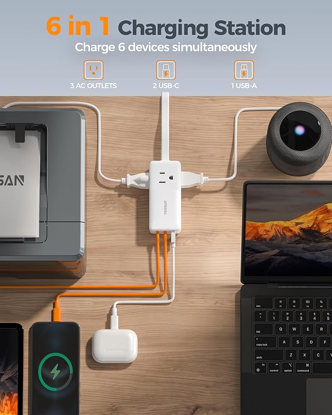 TESSAN USB Charging Station PD 30W, Flat Plug USB C Charger Blocks with 3 AC Outlets, Desktop Phone Fast Charger with 5FT Extension Cord for Phone Tablet Laptop, Travel, Office (Pack of 2)