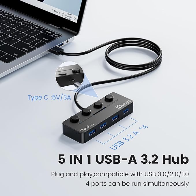 Qeefun 4-Port USB 3.2 Hub, Individual LED Power Switches, 10Gbps Data Transfer USB 3.2 Gen 2 Splitter with 4ft Extension Cable, Multiple USB Extender for Laptop, PC, iMac, USB Flash Drives and More