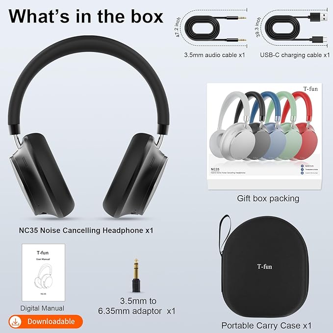 T-fun NC35 Hybrid Active Noise Cancelling Headphones, 360° Spatial Audio with Head Tracking, Over Ear Headphones Wireless Bluetooth 5.3, 55H ANC Playtime, Deep Bass, Custom EQ via App, for Travel Home