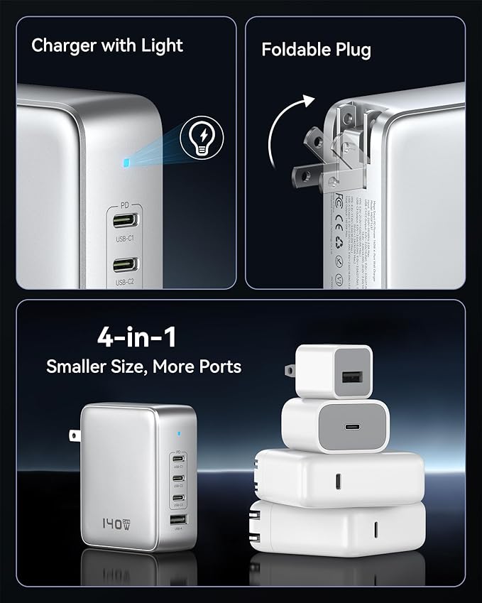 140W GaN USB C Wall Charger, 4-Port PD3.1 Laptop Charger Block Foldable Compact PPS Fast Power Adapter for MacBook Pro/Air, Dell XPS, iPad Pro, iPhone 17/16 Pro, Galaxy S25/S24, Steam Deck, and More
