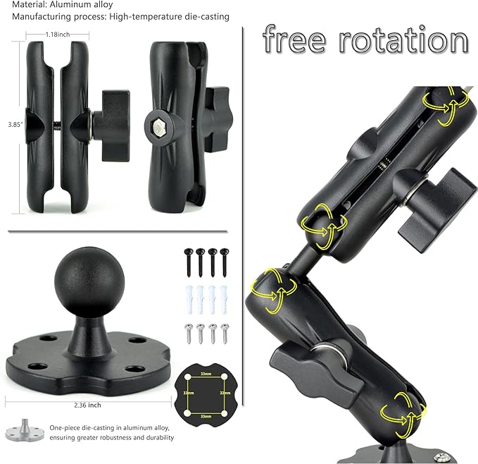 Aluminum Heavy-Duty Dual Arm Tablet Mount with 4-Point 360° Rotation Drill Base - Fits 6.5"-12.9" Tablets (iPad, Galaxy Tab, Surface) - Versatile Mounting for Homes, Businesses, Vehicles