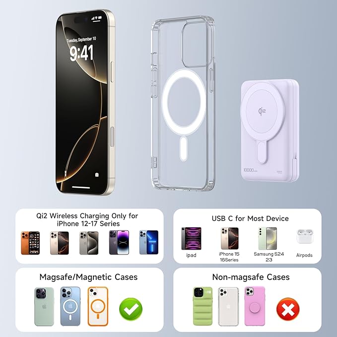 Magsafe Portable Charger 10000mAh Qi2 15W Fast Charging Magnetic Power Bank, Battery Pack with Foldable Stand, PD20W USB C Built in Cable, Mag Safe Only for iPhone 17/16/15/14/13/12 Series