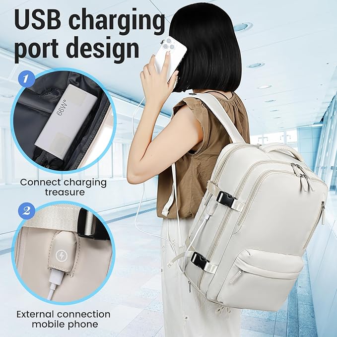 Travel Backpack Women Men, Carry On Backpack with USB Charging Port & Shoe Pouch,TSA 17.3inch Laptop Mochila Flight Approved,Nurse Bag Casual Daypack for Weekender Business Hiking,Gift (Beige)