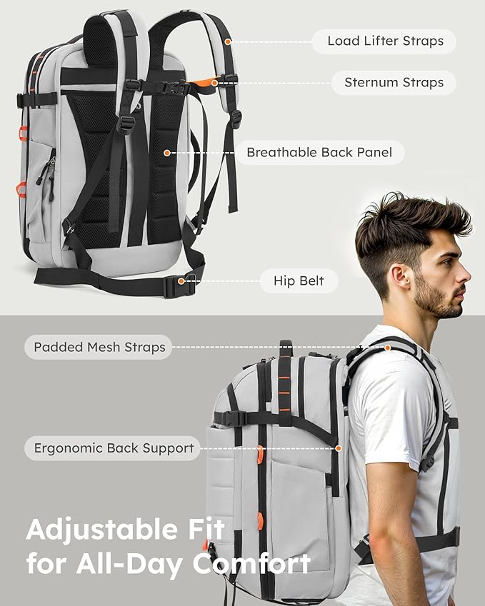 Tolaccea Carry on Travel Backpack, TSA Friendly Flight Approved Laptop Backpack Duffle Bag for Men Women with Dual Laptop Storage for 17.3", Expandable Business Rucksack 40L-50L Large - Grey
