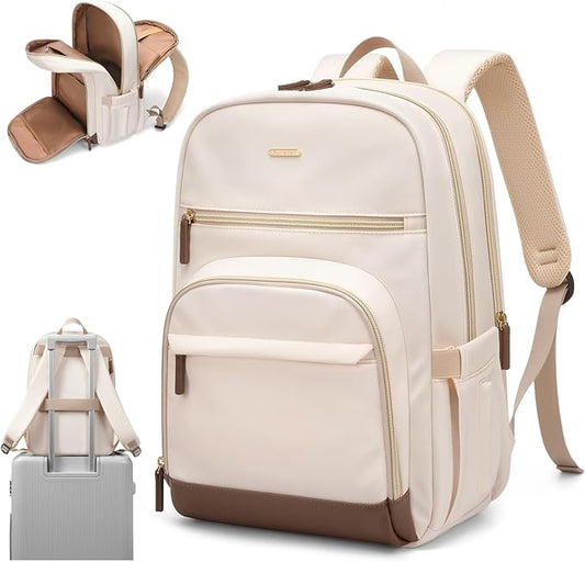 TENSTAR Laptop Backpack for Women, Computer Backpack Fit 16 Inch Notebook, Large Capacity College Backpack Bookbag Casual Daypack for Travel, Black with Beige