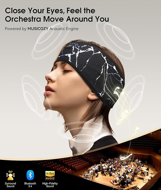 MUSICOZY Sleep Headphones Bluetooth 5.4 Headband, Wireless Earphones Music Sleep Earbuds Sleeping Eye Mask with HD Stereo Speakers for Workout Running Travel Yoga, Ideal Gifts for Women Men