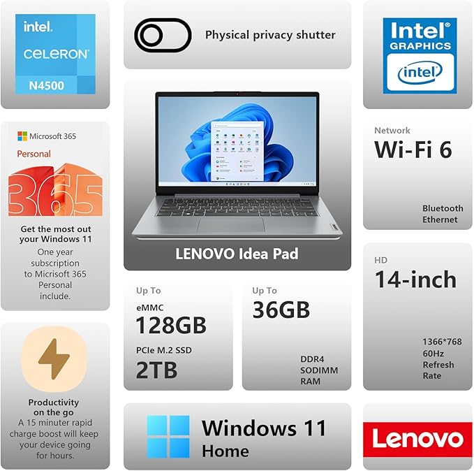 Lenovo IdeaPad 1 Everyday Laptop, 14" HD Display, 12GB RAM, 640GB Storage(128GB eMMC + 512GB PCIe), 1 Yr Office 365 Included, Intel Core Processor, Win 11 Home, Bundle with Thunderobot Wireless Mouse