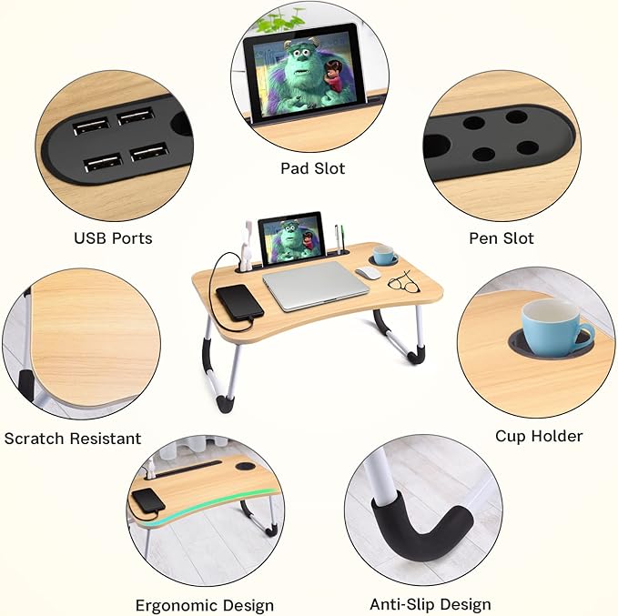 Slendor Lap Desk with Cup Holder, Foldable Laptop Table for Bed, Portable Bed Desk for Laptop and Writing, Computer Tray with Tablet Slot, Notebook Stand Reading Holder for Couch Sofa Floor,Walnut