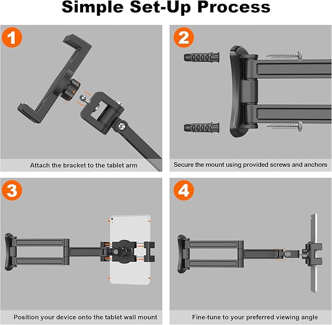 Tablet Wall Mount, Aluminum Sturdy iPad Wall Mount Holder for 7"-12.9" Tablets, 360° Swivel Arm, Easy Installation, Perfect for Classroom Gym Kitchen - Compatible w/iPad Pro Air Mini Samsung