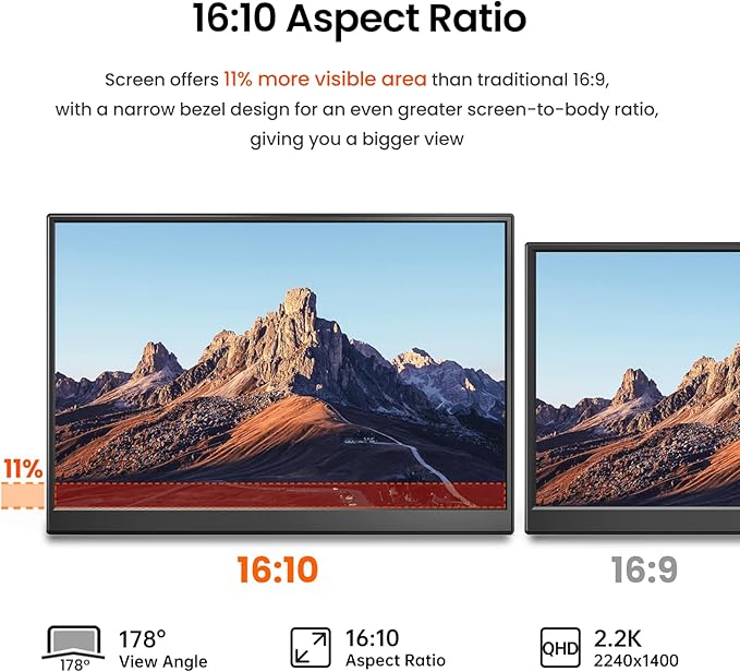 Yxk Portable Monitor 14 inch 2.2K QHD USB C HDMI Ultra-Slim IPS Travel Display & Speakers, HDR Plug&Play, External Monitor for Laptop PC, Phone,Mac