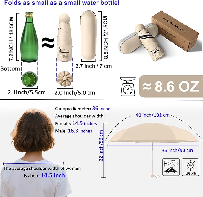 BAODINI Travel Essentials Mini Umbrella for Purse With Case Small Compact UV Sun Protection Lightweight Tiny Pocket Manual Open Close Umbrella for Women Kids and Men Fit Purse Backpack