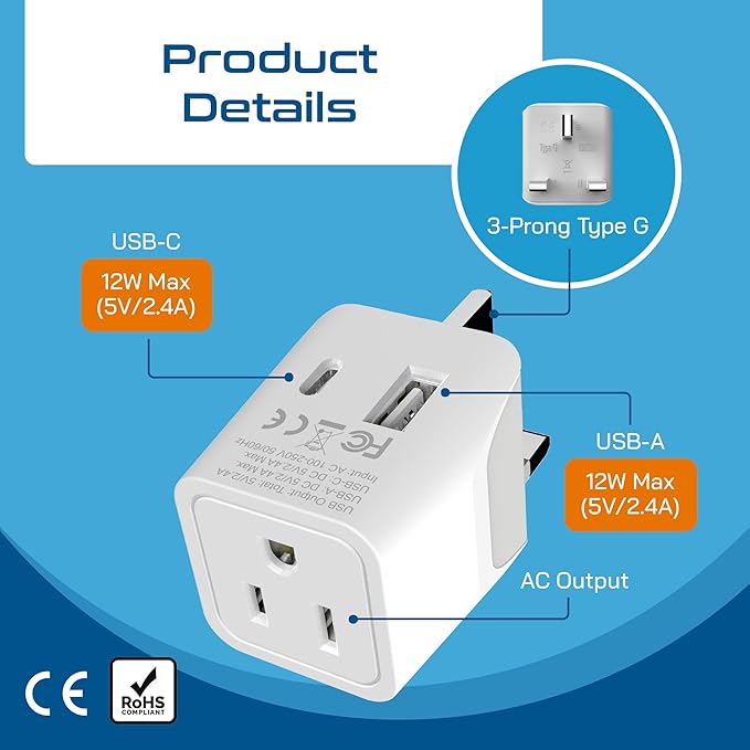 Ceptics UK adapters for travel to London, UAE, Hong Kong - USB-A, USB-C & USA Input - Compact Grounded Type G Plug - Use with Phones, Laptops,Cameras