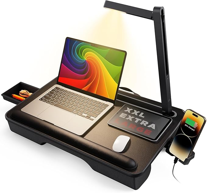 SAIJI Lap Desk with LED Light, Portable Laptop Tray with Cushion - Fits Up to 17" Laptops & MacBook, Lap Table Stand for Bed and Couch, Lap Desk for Writing and Reading