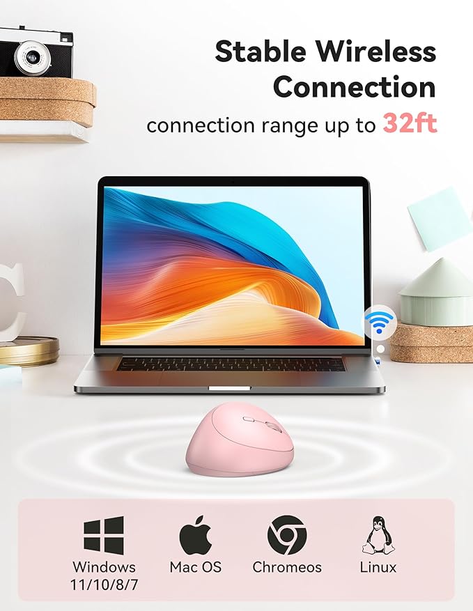 TECKNET Ergonomic Mouse, 4800 DPI Wireless Vertical Mouse, 5 Adjustable DPI Levels, 6 Buttons, 2.4G Silent Wireless Mouse for Laptop, PC, Chromebook - Pink