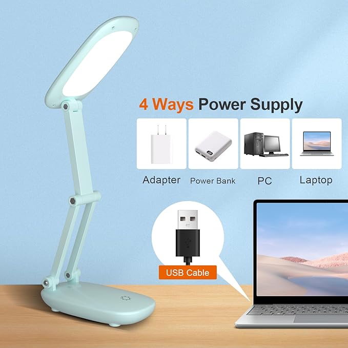 LED Desk Lamp for Office Home & Battery Operated Lamp Rechargeable Lamp Foldable & Portable Light, [2-Fold Bracket] 3 Brightness Dimmable Small Desk Lamp Wireless Reading Lamp (Green)